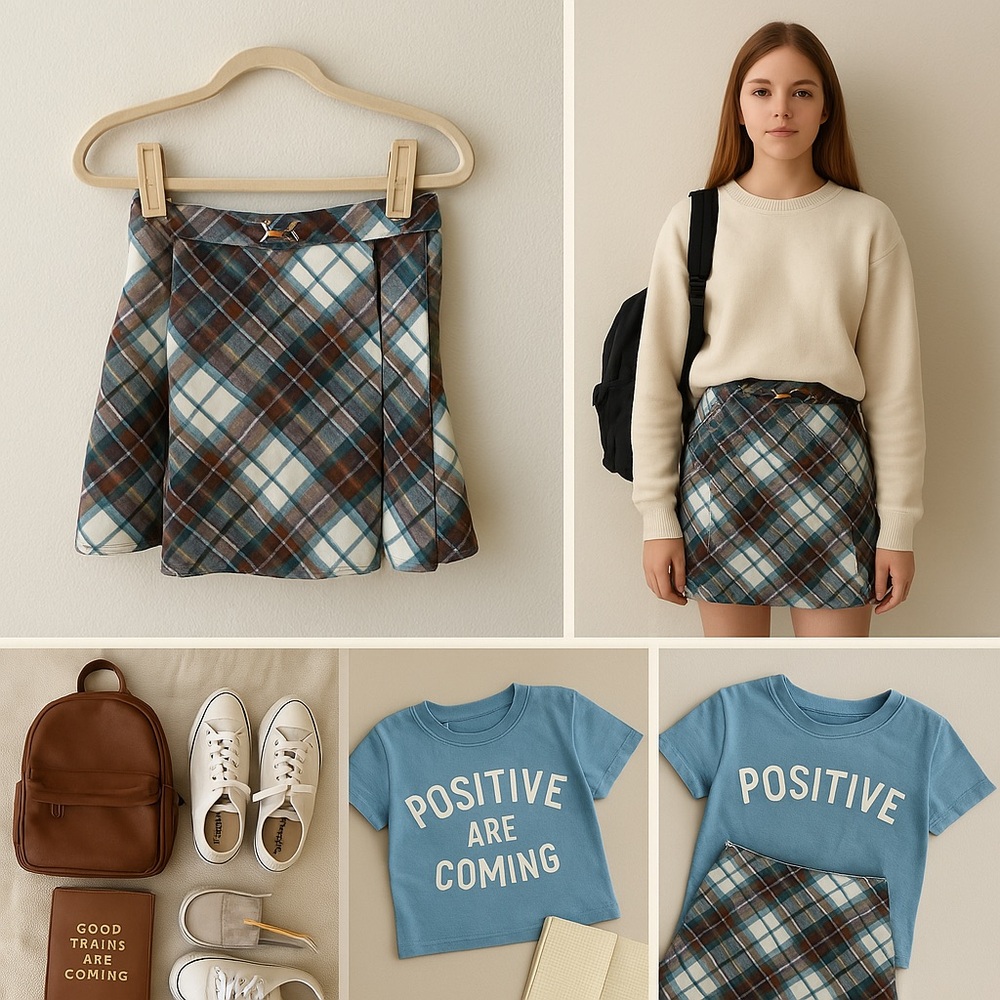 Plaid A-Line Skirt in Blue and Brown